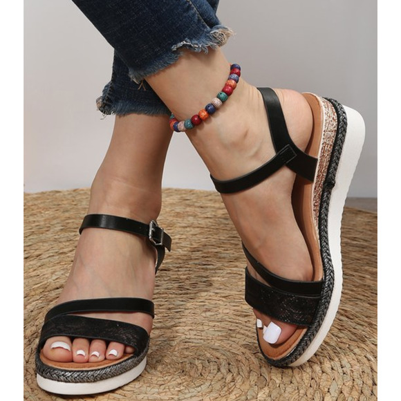 PAOTMBU Black Snake‎ Print Stacked Strappy Wedge Sandal Size 8 New - Picture 1 of 6